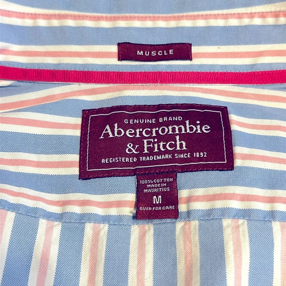 Abercrombie & Fitch Men’s Blue and Pink striped Muscle Dress Shirt Medium - Picture 8 of 11